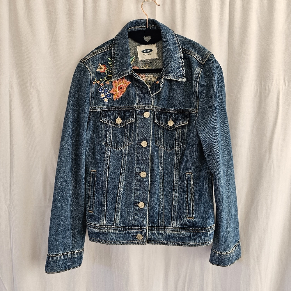 Old Navy Denim Jacket with Embroidered Floral Designs SP